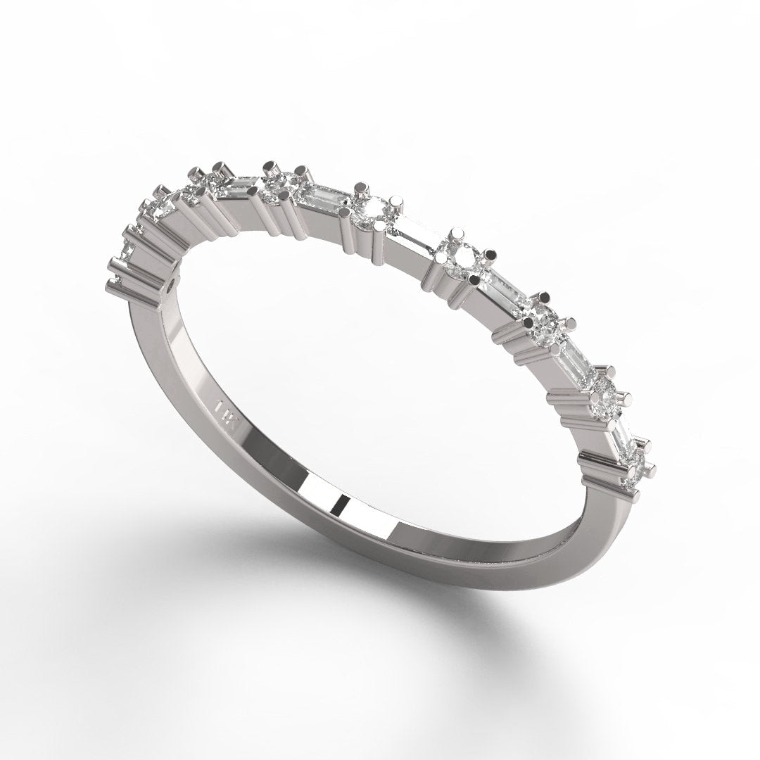 Baguette Diamond Wedding Band / 14k Gold Baguette Diamond Half Eternity Band / Baguette and Round Diamond Stacking Ring / Anniversary Gift