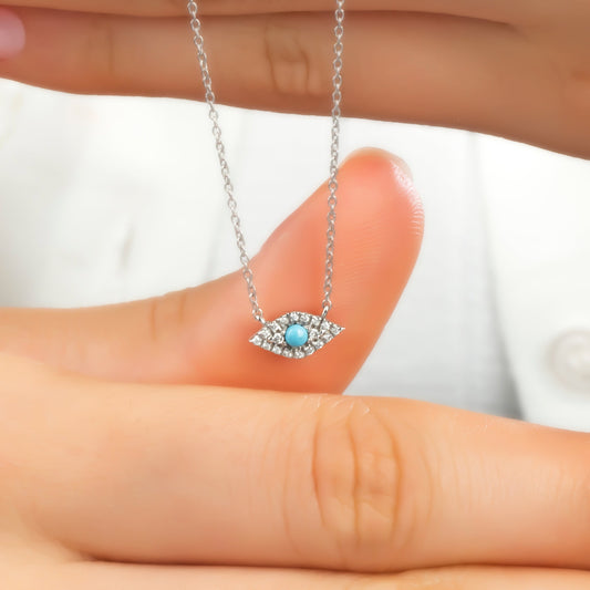 Turquoise Evil Eye Necklace / 14k Gold Turquoise and Diamond Evil Eye Protection Necklace / Graduation Gift / Birthday Gift