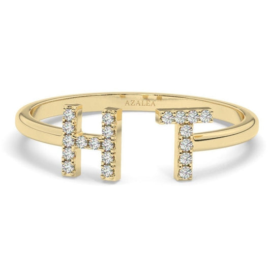 14k Gold Diamond Initial Ring / Diamond Stacking Ring / Initial Ring / Graduation Gift / Birthday Gift / Letter Rings / Open Cuff Ring