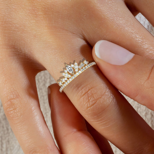 14K Crown Ring / Dainty Tiara Diamond Bridal Wedding Band/ Stacking Ring/ Unique Marquise and Round Diamond Cluster Band/ Promise Ring