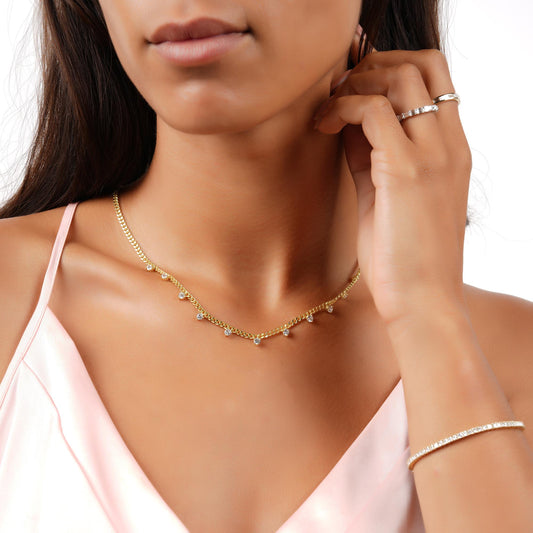 14k Gold Diamond Station Necklace: Dainty Curb Chain Layering Necklace