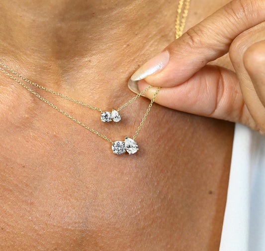 Round and Pear Shape Double Diamond Solitaire Necklace