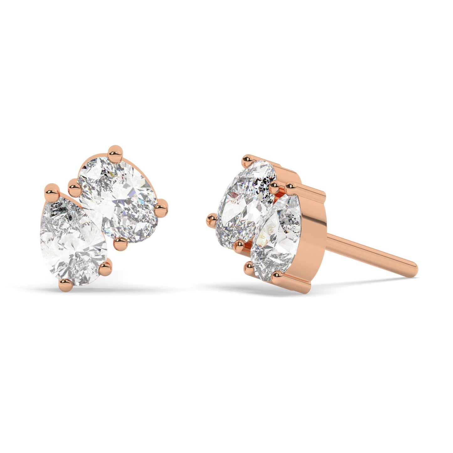 14k Gold Toi Et Moi Diamond Stud Earrings: Pear & Oval Solitaire