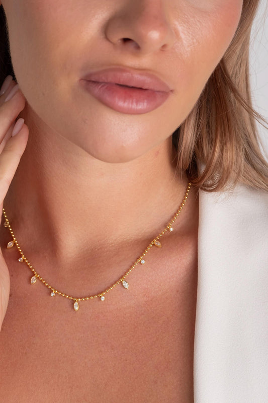 Diamond Ball Chain Station Necklace / 14k Gold Marquise Cut Diamond Station Necklace /Dainty Diamond Necklace / Bead Chain Layering Necklace