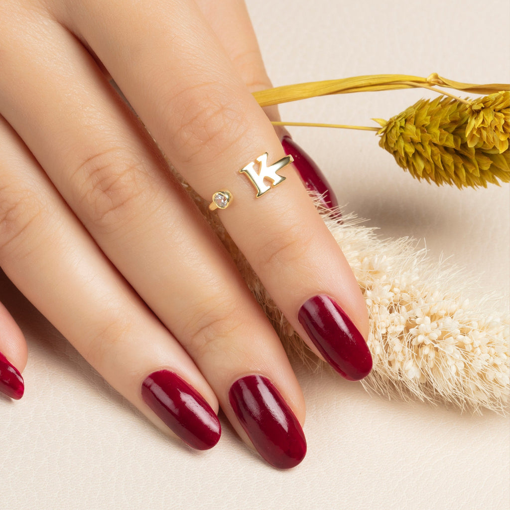 14k Gold Diamond Initial Stack Ring / Initial Letter Diamond Ring / Personalized Custom Gift / Birthday Birthstone Ring / Adjustable Ring