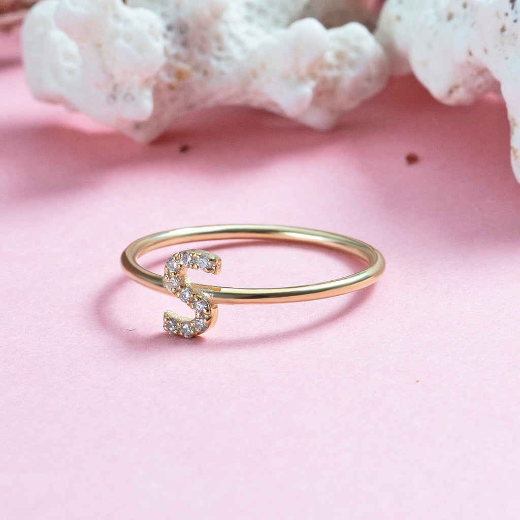 Diamond Initial Ring / 14k Diamond Initial Ring / Diamond Stacking Ring / Initial Ring / Graduation Gift / Birthday Gift