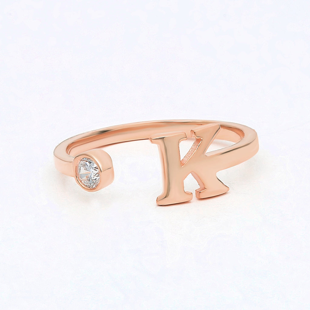 14k Gold Diamond Initial Stack Ring / Initial Letter Diamond Ring / Personalized Custom Gift / Birthday Birthstone Ring / Adjustable Ring