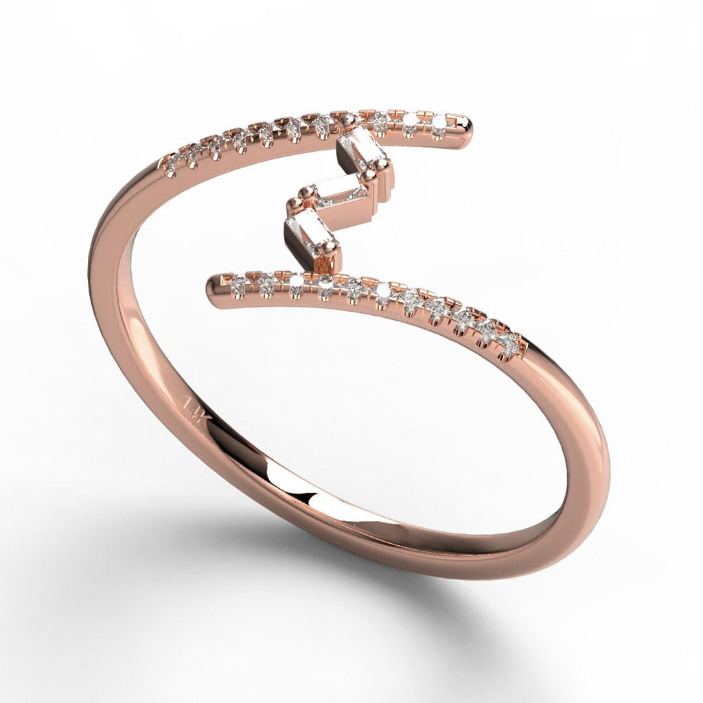 Unique Diamond Stackable Ring / 14k Gold Open Design Baguette Diamond Band / Birthday Bridal Anniversary Gift Ideas Spiral Ring