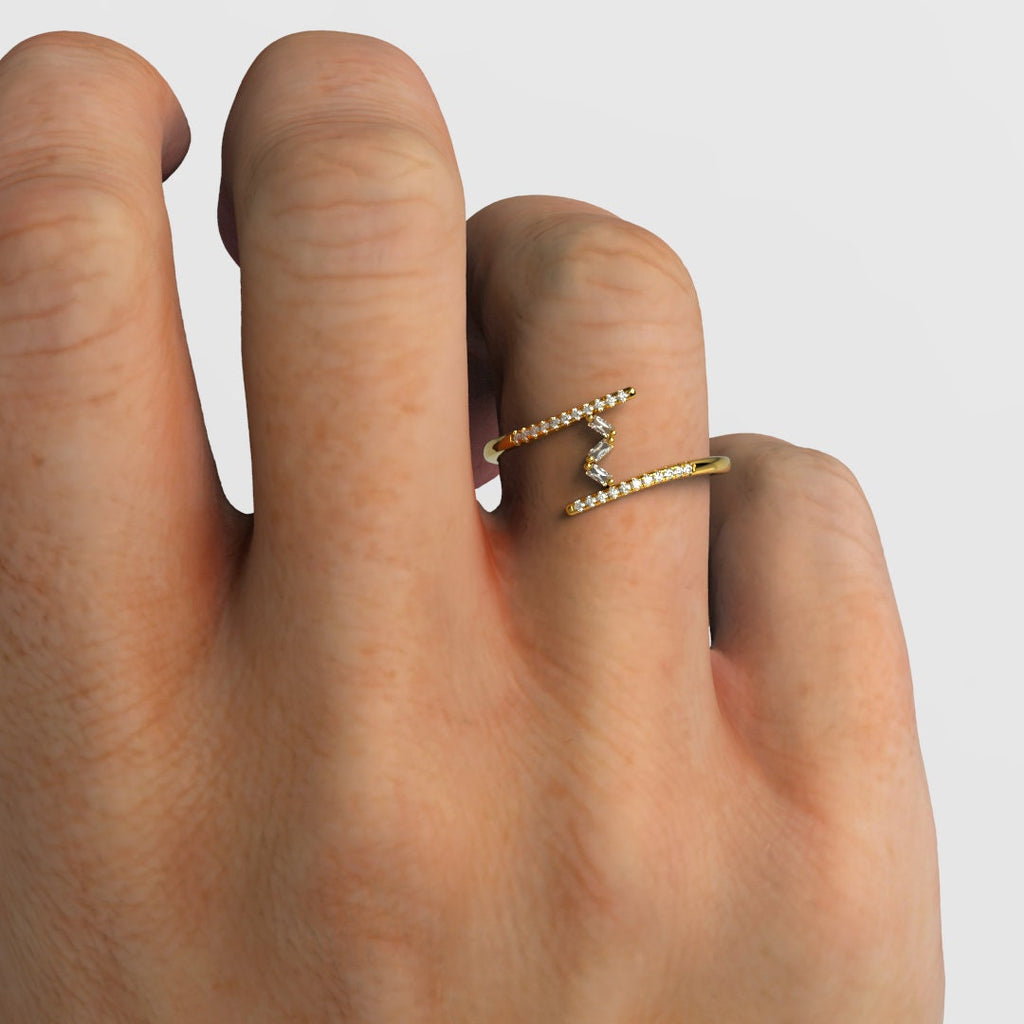 Unique Diamond Stackable Ring / 14k Gold Open Design Baguette Diamond Band / Birthday Bridal Anniversary Gift Ideas Spiral Ring