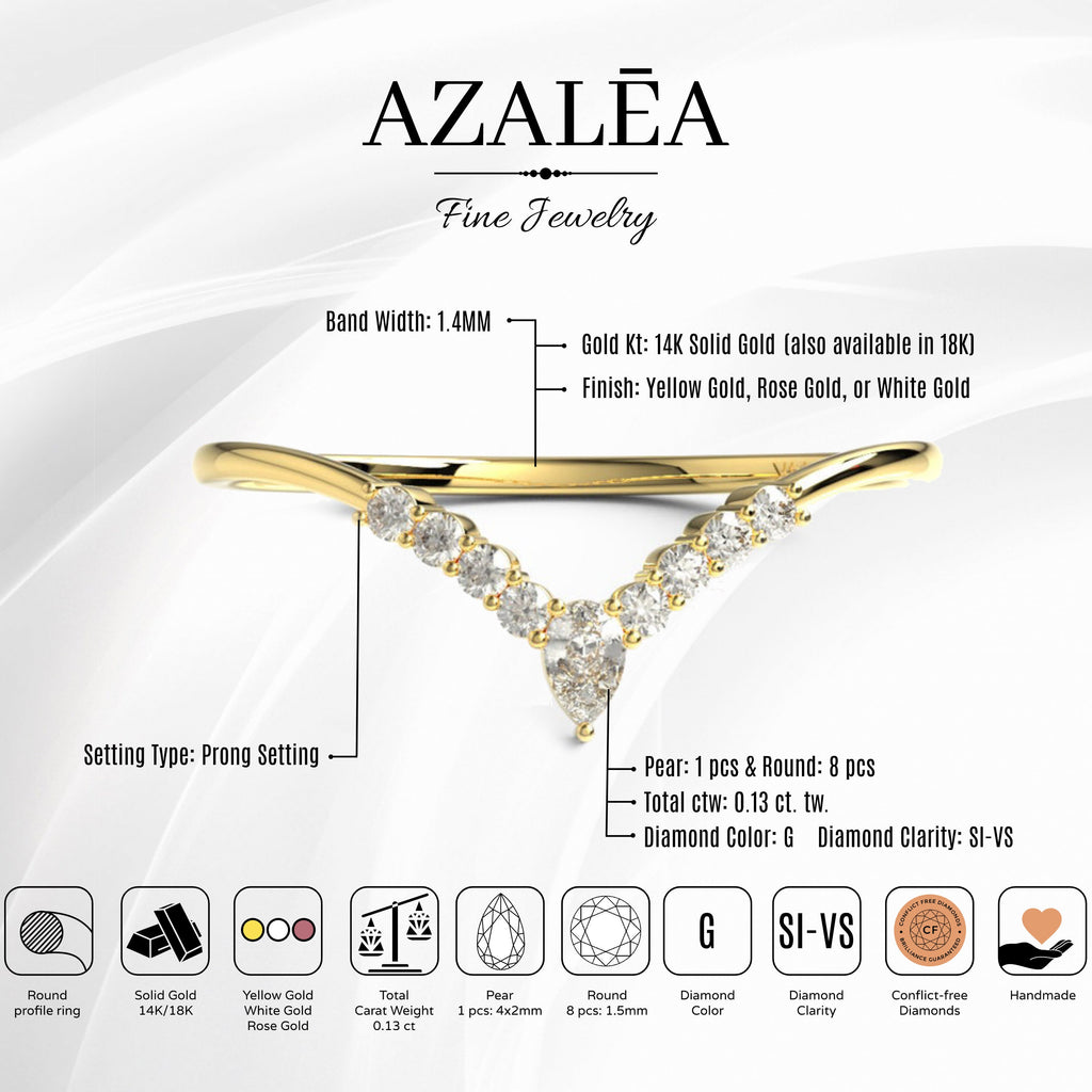 Pear Diamond Wedding Band / 14k Gold Round and Pear Diamond Wedding Band / Diamond Chevron Ring / Curved Diamond Stacking Ring