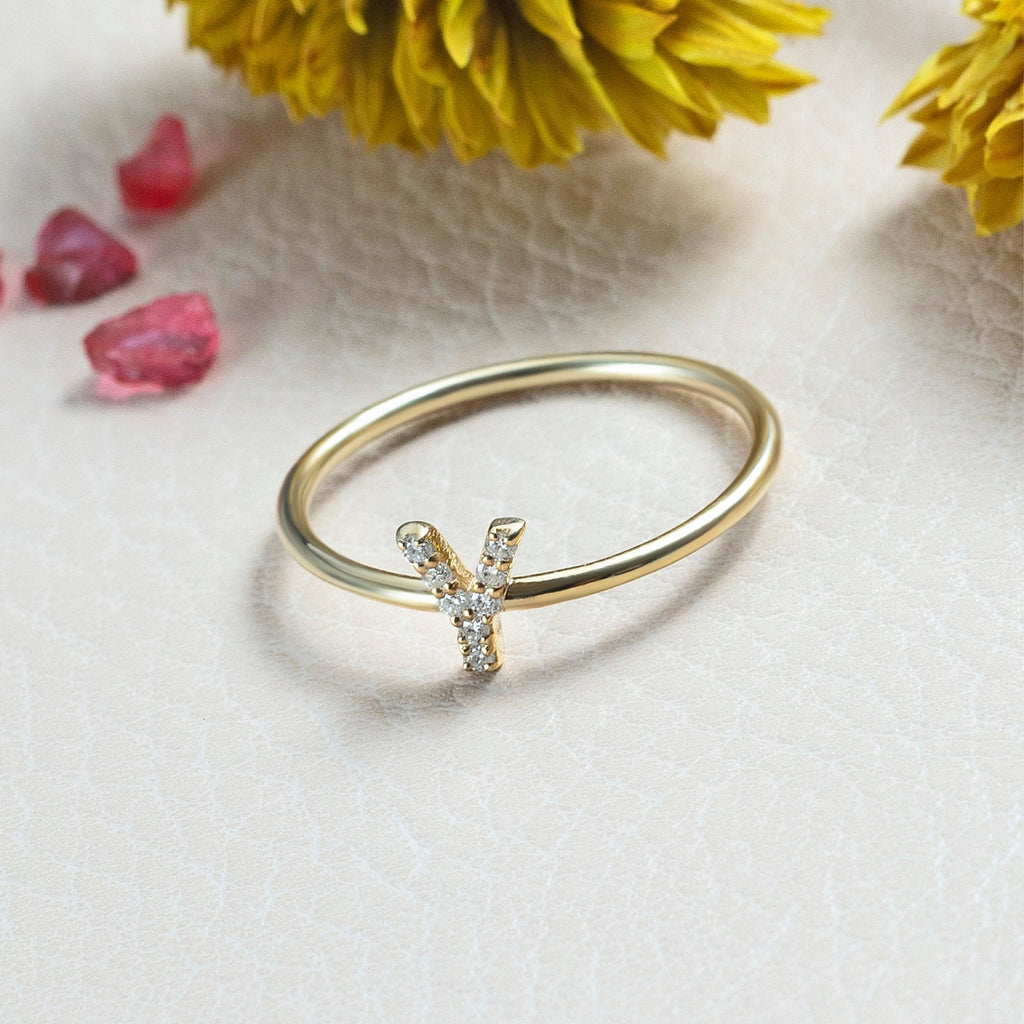 Diamond Initial Ring / 14k Diamond Initial Ring / Diamond Stacking Ring / Initial Ring / Graduation Gift / Birthday Gift