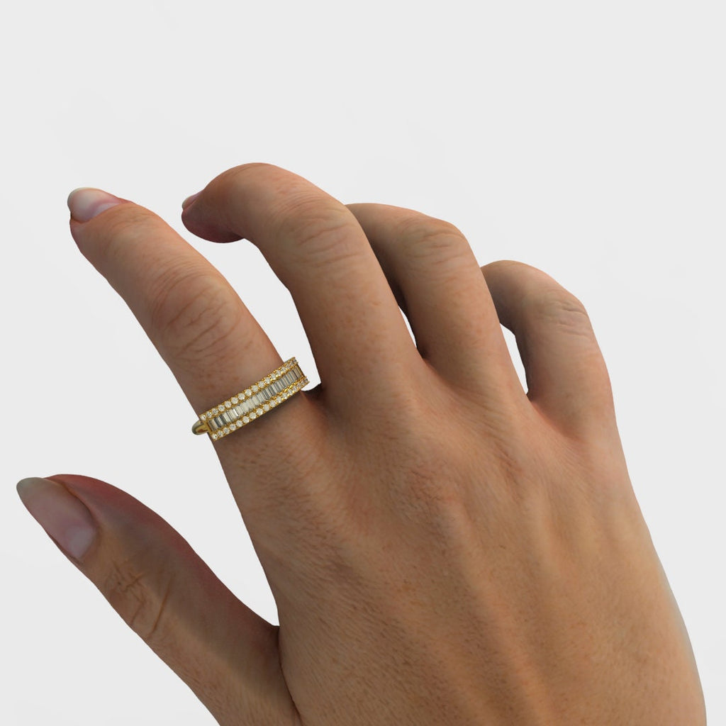 14k Solid Gold Baguette Diamond Wedding Band – Dainty Set Half Eternity Ring, Fine Gold Jewelry Gift, Stackable Ring for Her
