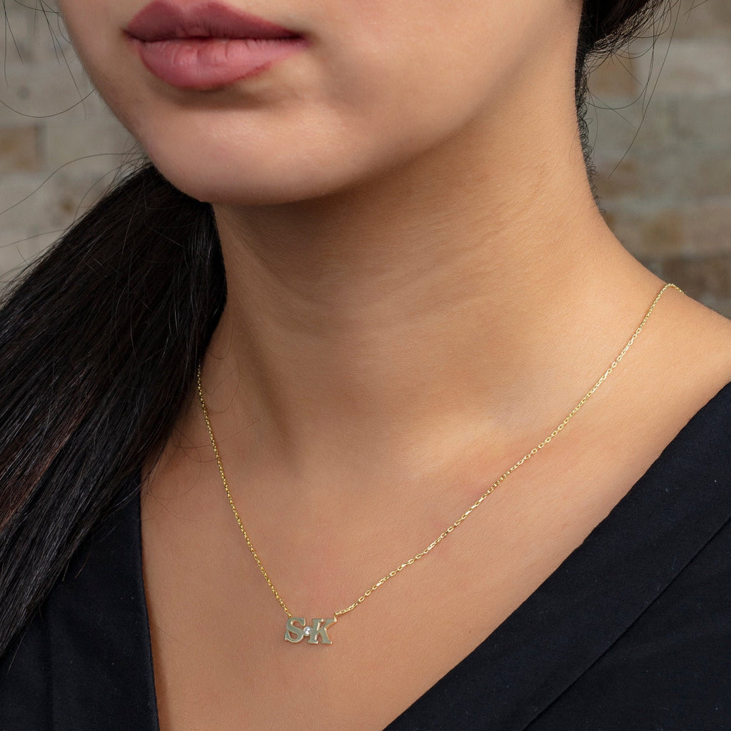 Diamond Initial Necklace / 14k Gold Bezel Diamond Initial Necklace / Birthday Gift / Graduation Gift / Bridal Gift / Anniversary Gift