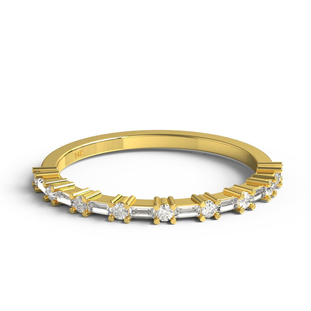 Baguette Diamond Wedding Band / 14k Gold Baguette Diamond Half Eternity Band / Baguette and Round Diamond Stacking Ring / Anniversary Gift