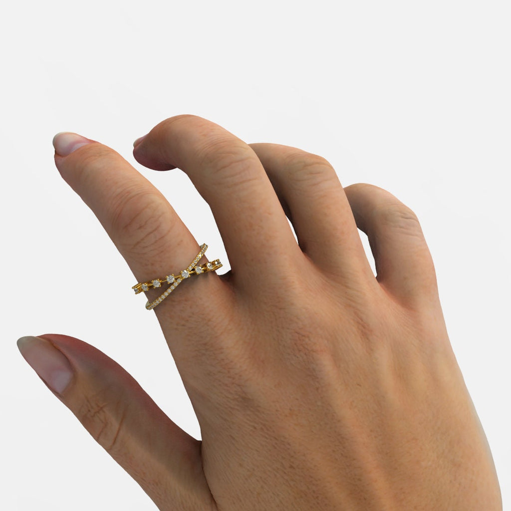 Diamond Criss Cross Ring / 14k Gold Diamond X Ring / Diamond Cris cross Stacking Ring / Engagement Ring / Wedding Ring