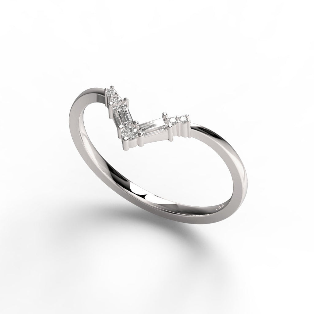 14k Gold Baguette Round Diamond Chevron Ring / Curved Diamond Wedding Band / V Ring / Anniversary Ring / Contour Wedding Band