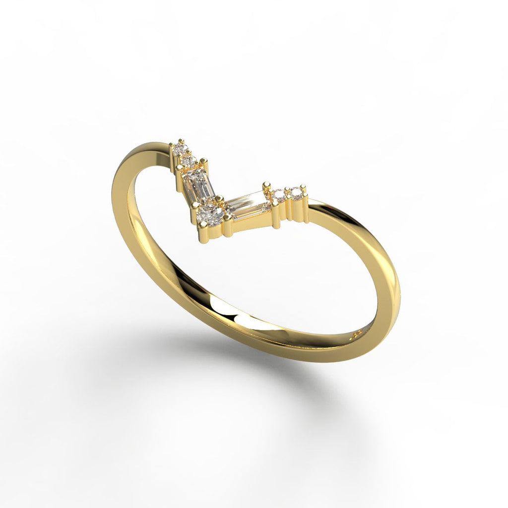 14k Gold Baguette Round Diamond Chevron Ring / Curved Diamond Wedding Band / V Ring / Anniversary Ring / Contour Wedding Band