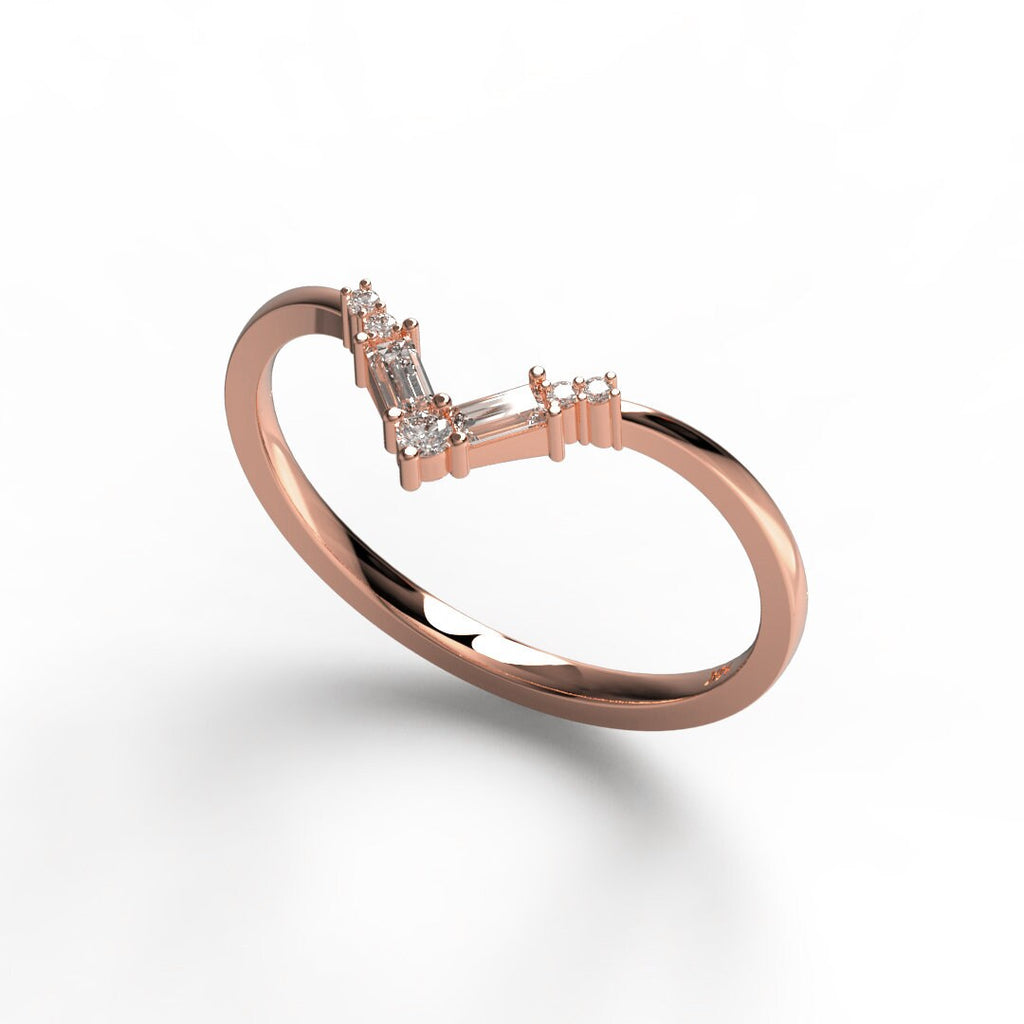 14k Gold Baguette Round Diamond Chevron Ring / Curved Diamond Wedding Band / V Ring / Anniversary Ring / Contour Wedding Band