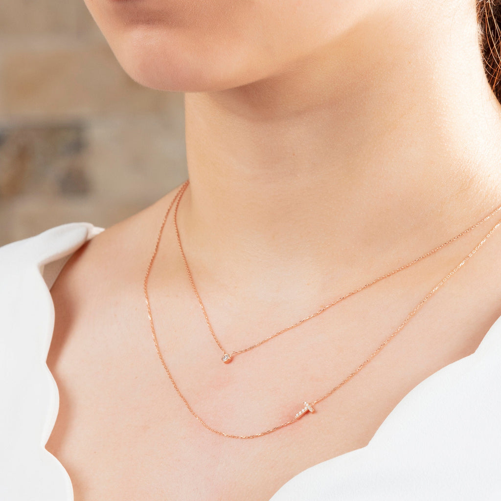 Diamond Initial Necklace / 14k Gold Bezel Diamond Initial Charm Necklace / Personalized Diamond Layering Necklace / Birthday Gift