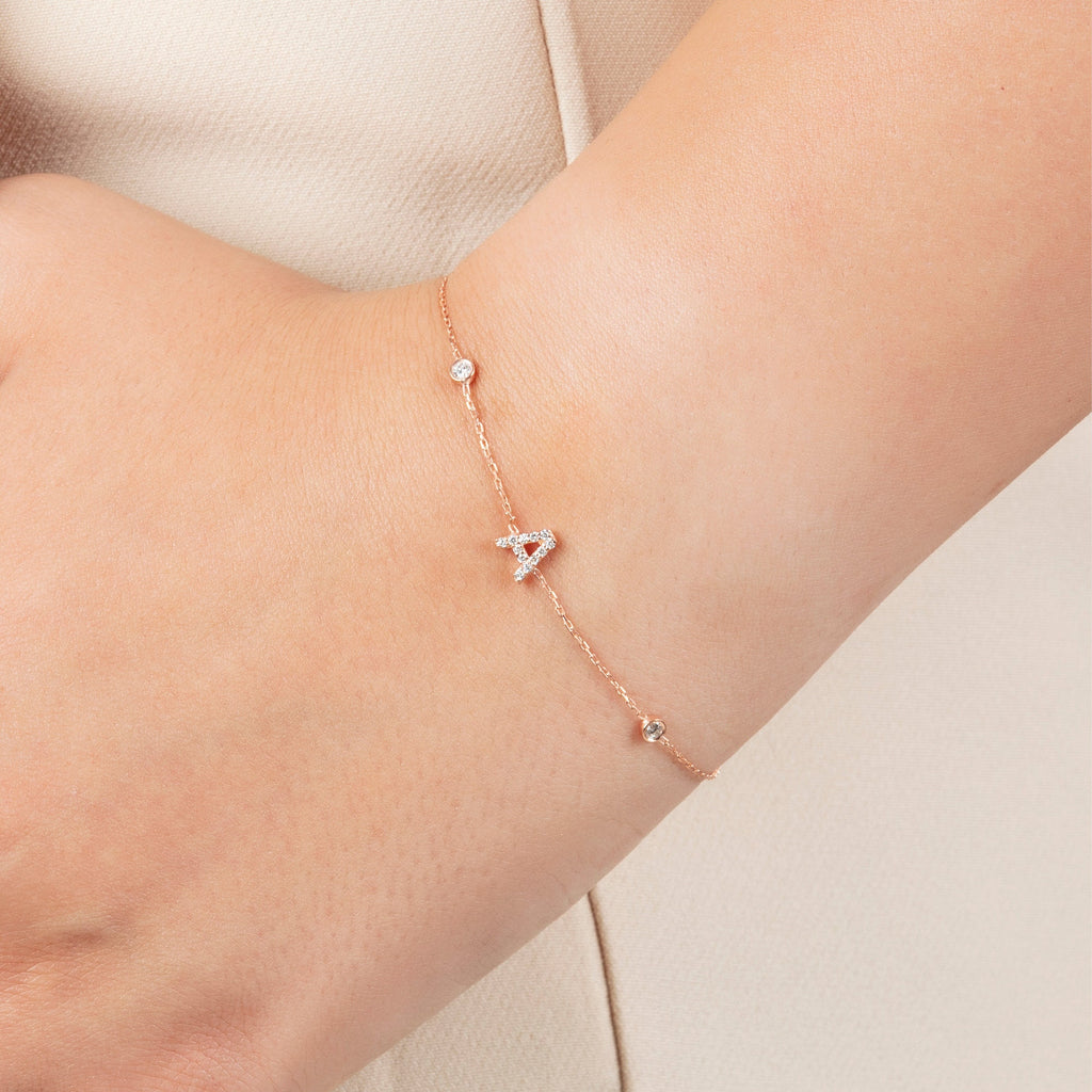 Diamond Initial Bracelet / 14k Bezel Diamond Initial Bracelet / Diamond Charm Bracelet / Name Bracelet / Graduation Gift / Birthday Gift