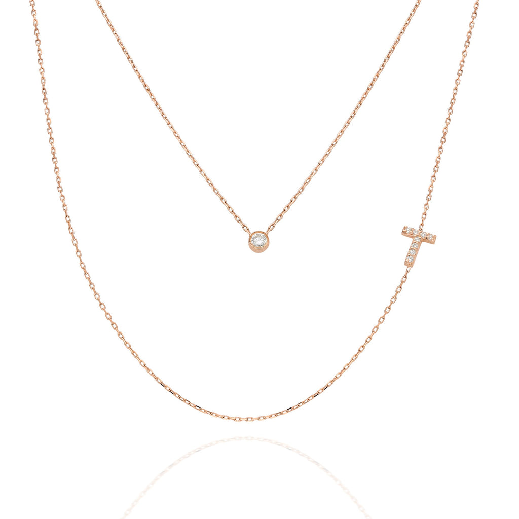 Diamond Initial Necklace / 14k Gold Bezel Diamond Initial Charm Necklace / Personalized Diamond Layering Necklace / Birthday Gift