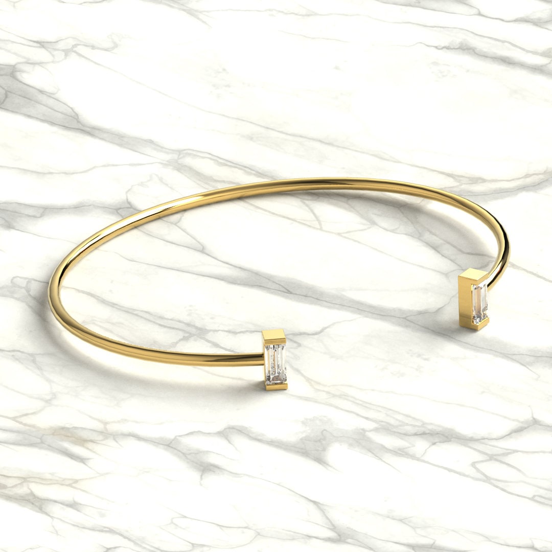 Baguette Diamond Wire Bangle / 14k Gold Baguette Diamond Cuff Bracelet / Birthday Gift / Dainty Diamond Bracelet / Diamond Gift Ideas