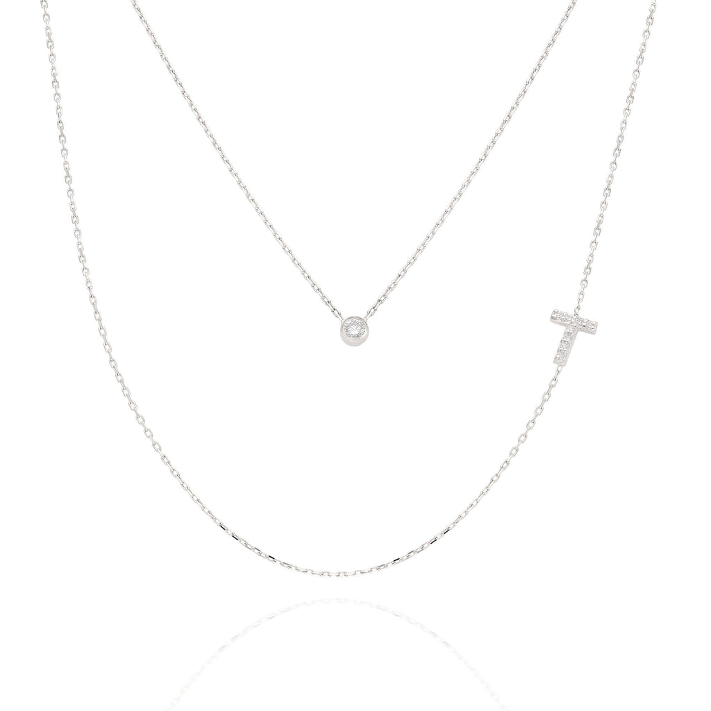 Diamond Initial Necklace / 14k Gold Bezel Diamond Initial Charm Necklace / Personalized Diamond Layering Necklace / Birthday Gift