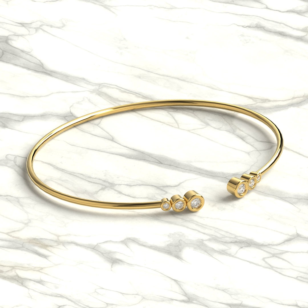 Bezel Diamond Wire Bangle / 14k Gold Bezel Diamond Wire Bracelet / Birthday Gift / Dainty Diamond Bracelet / Diamond Gift Ideas for Her