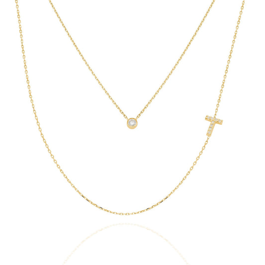 Diamond Initial Necklace / 14k Gold Bezel Diamond Initial Charm Necklace / Personalized Diamond Layering Necklace / Birthday Gift