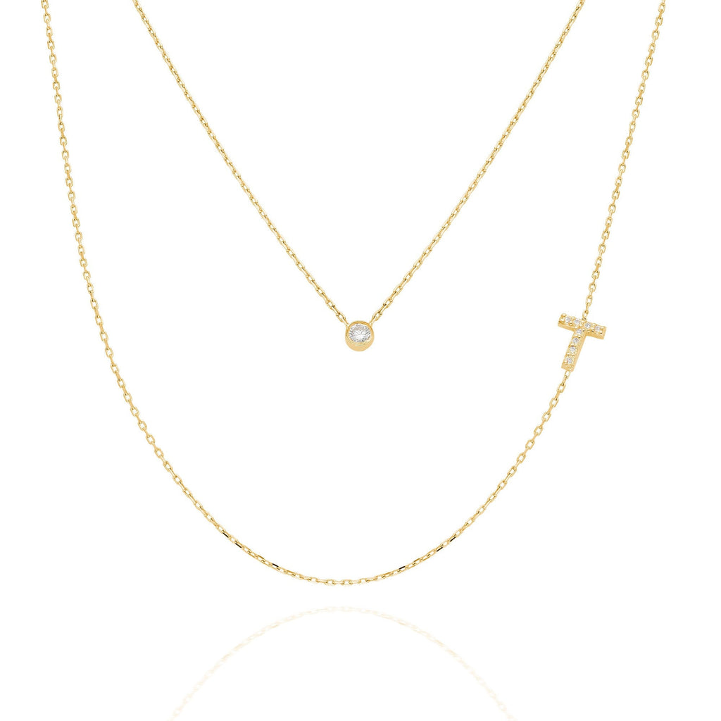 Diamond Initial Necklace / 14k Gold Bezel Diamond Initial Charm Necklace / Personalized Diamond Layering Necklace / Birthday Gift