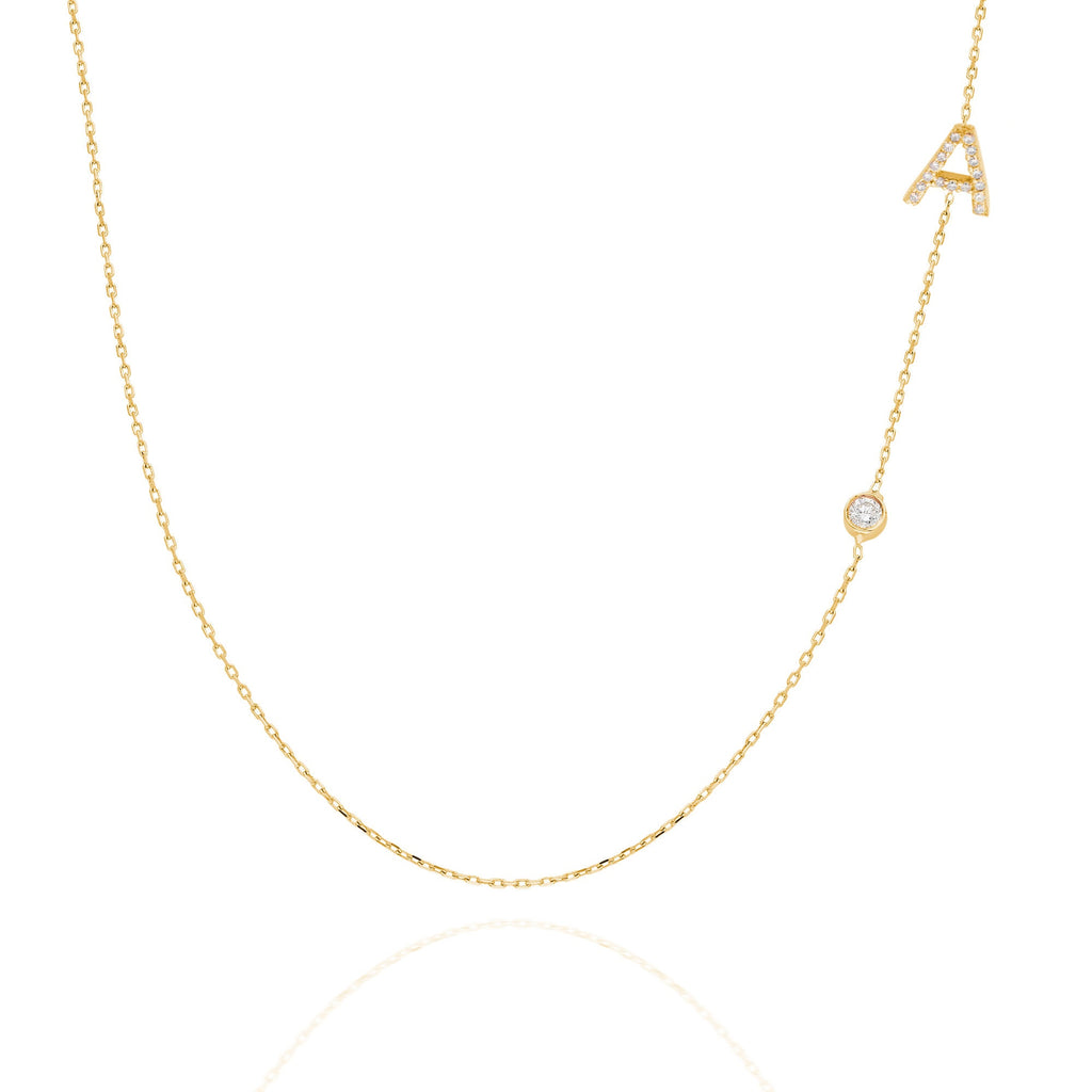 Diamond Initial Necklace / 14k Gold Diamond Single Initial Necklace with Solitaire Bezel Diamond / Birthday Gift / Graduation Gift