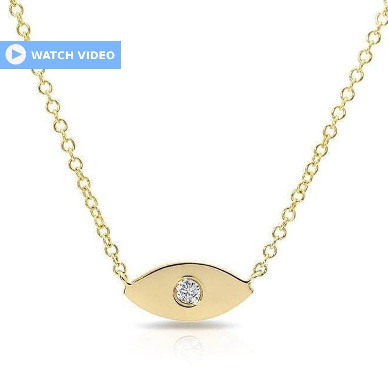 14k Gold Diamond Evil Eye Necklace: Solitaire Protection Charm / Gift for Graduation Engagement Birthday