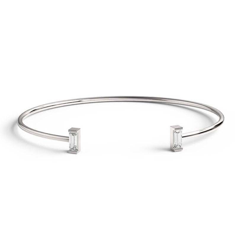 Baguette Diamond Wire Bangle / 14k Gold Baguette Diamond Cuff Bracelet / Birthday Gift / Dainty Diamond Bracelet / Diamond Gift Ideas