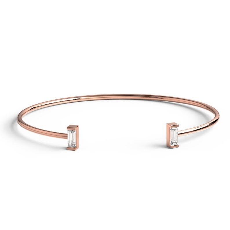 Baguette Diamond Wire Bangle / 14k Gold Baguette Diamond Cuff Bracelet / Birthday Gift / Dainty Diamond Bracelet / Diamond Gift Ideas