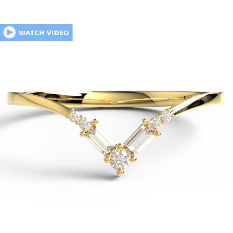 14k Gold Baguette Round Diamond Chevron Ring / Curved Diamond Wedding Band / V Ring / Anniversary Ring / Contour Wedding Band