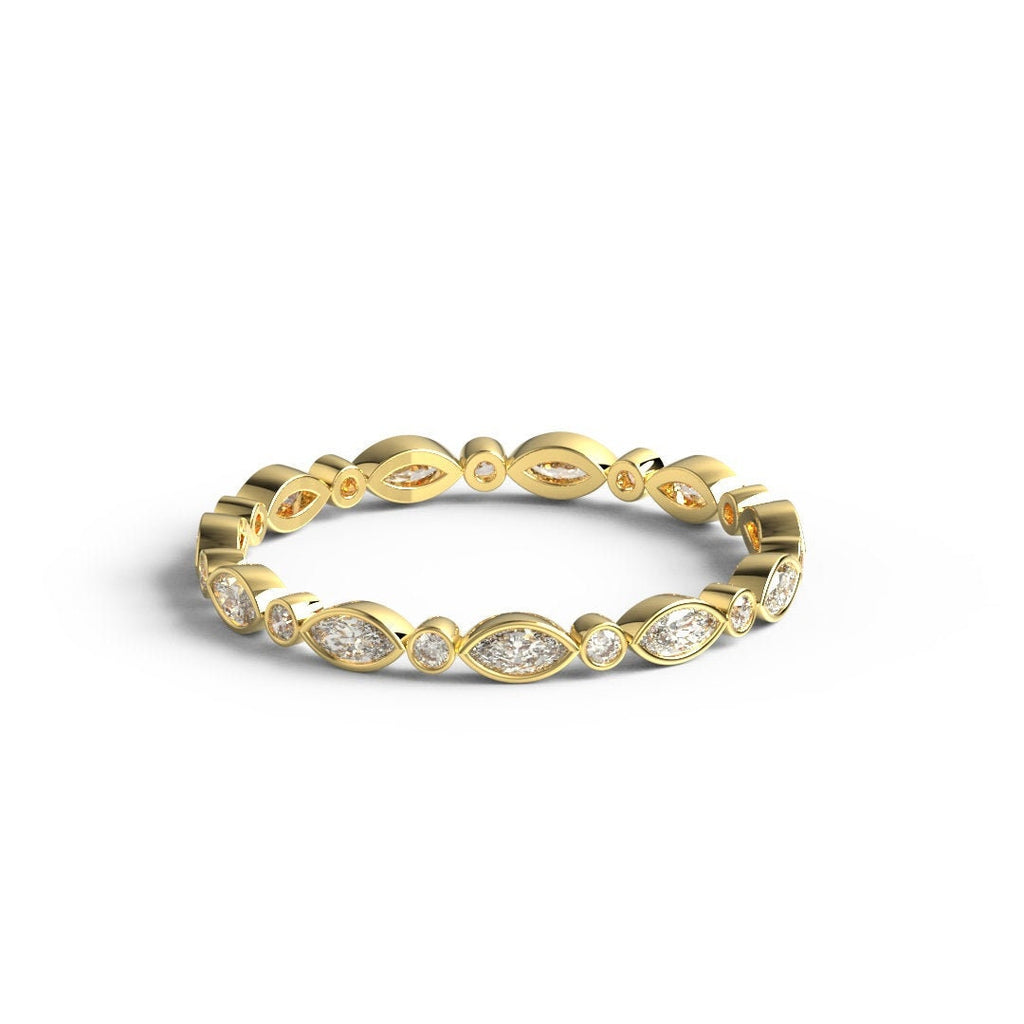 Marquise and Round Diamond Ring in 14k Gold / Bezel Setting Alternating Marquise & Round Diamond Half Eternity Anniversary Band / Birthday