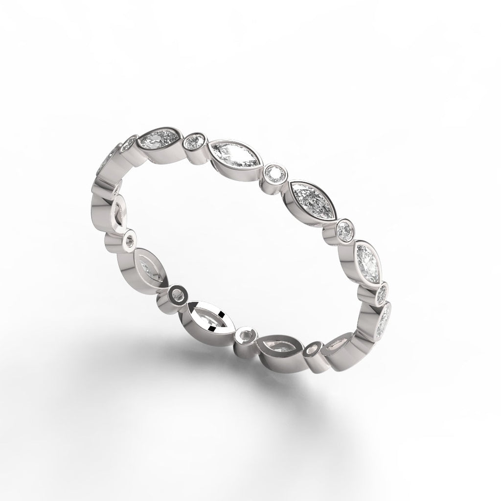 Marquise and Round Diamond Ring in 14k Gold / Bezel Setting Alternating Marquise & Round Diamond Half Eternity Anniversary Band / Birthday