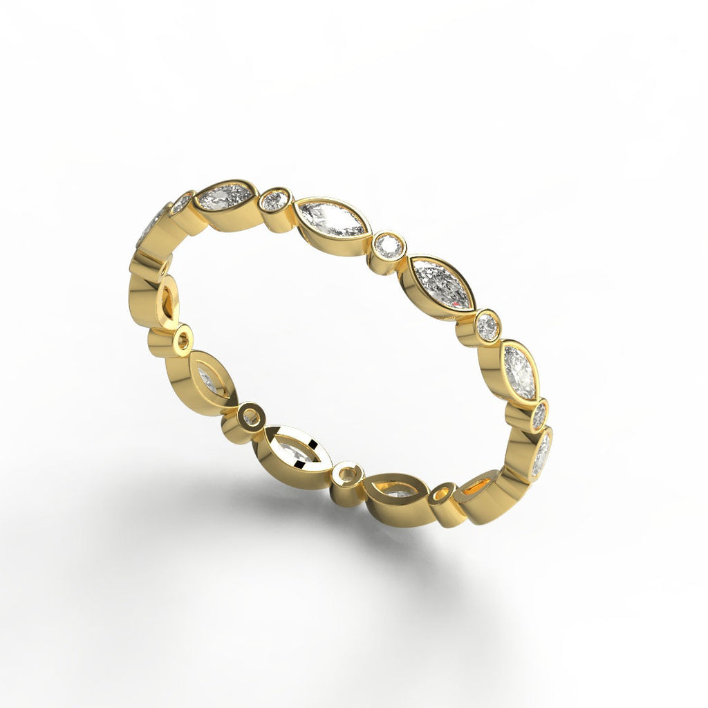 Marquise and Round Diamond Ring in 14k Gold / Bezel Setting Alternating Marquise & Round Diamond Half Eternity Anniversary Band / Birthday