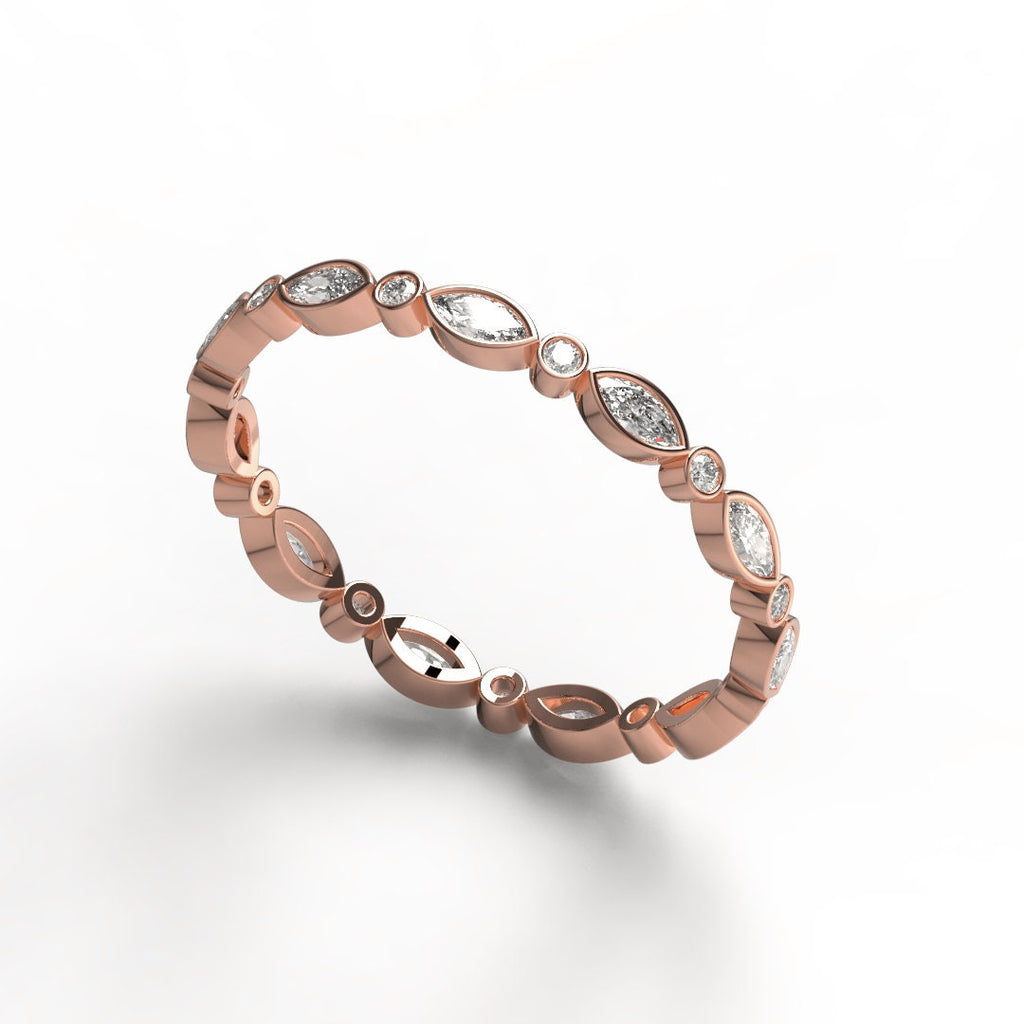 Marquise and Round Diamond Ring in 14k Gold / Bezel Setting Alternating Marquise & Round Diamond Half Eternity Anniversary Band / Birthday