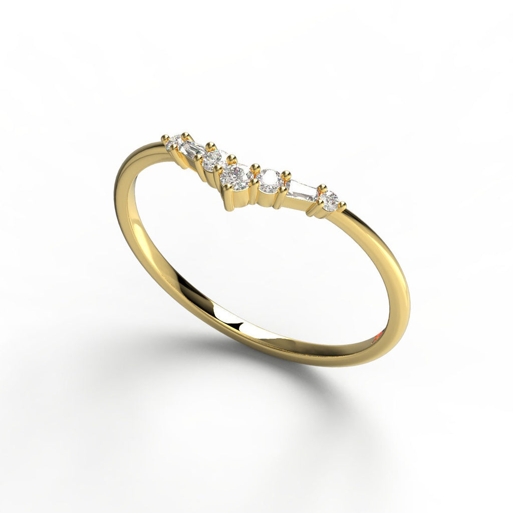 Curved Diamond Wedding Band / 14k Gold Tapered Baguette and Round Diamond Stacking Ring / Curved Stacking Ring Diamond Anniversary Gift Idea