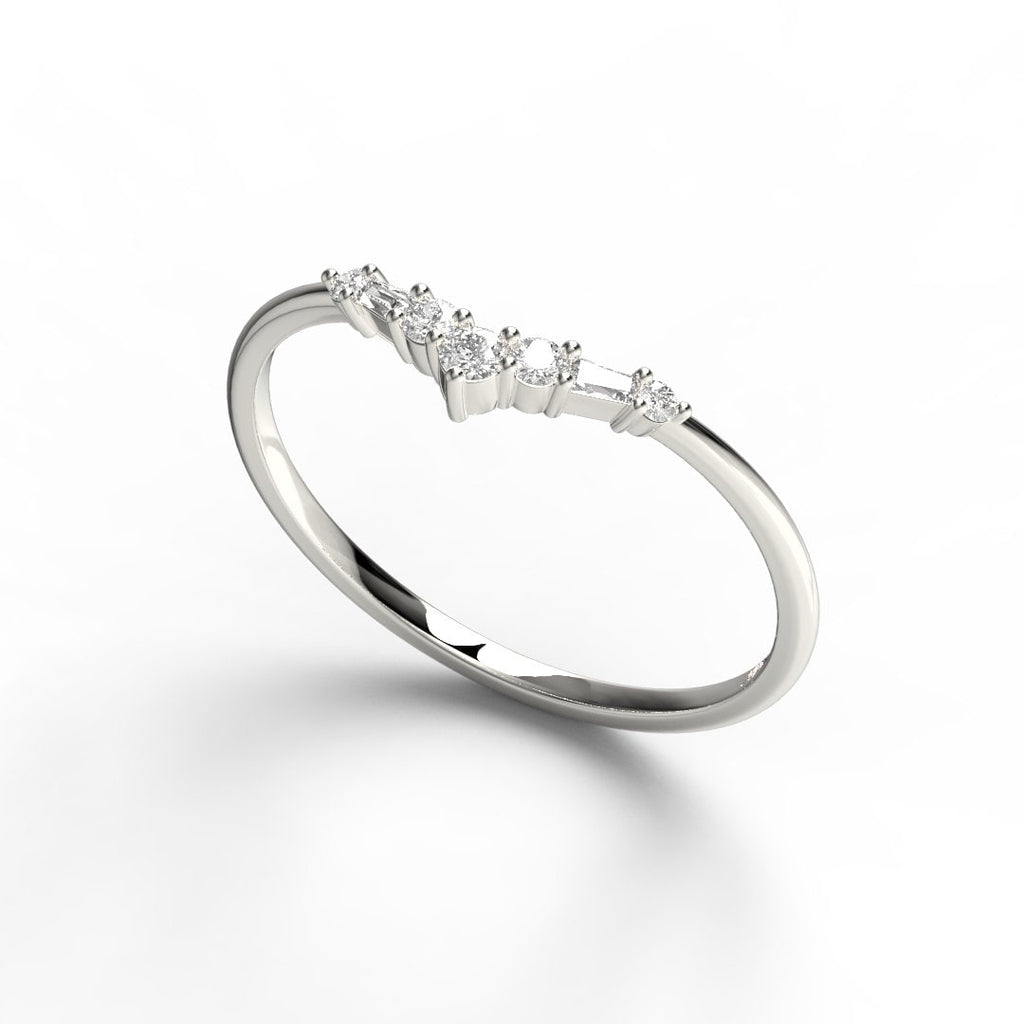 Curved Diamond Wedding Band / 14k Gold Tapered Baguette and Round Diamond Stacking Ring / Curved Stacking Ring Diamond Anniversary Gift Idea