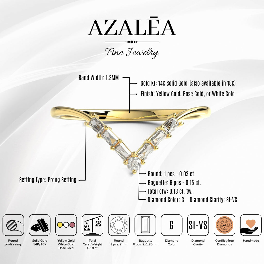 Curved Baguette Diamond Wedding Band / 14k Gold Baguette Diamond Chevron Ring / V Shape Diamond Wedding Band / Diamond Anniversary Ring