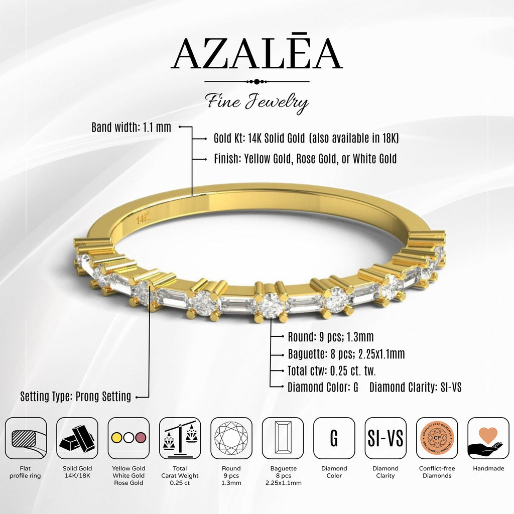 Baguette Diamond Wedding Band / 14k Gold Baguette Diamond Half Eternity Band / Baguette and Round Diamond Stacking Ring / Anniversary Gift