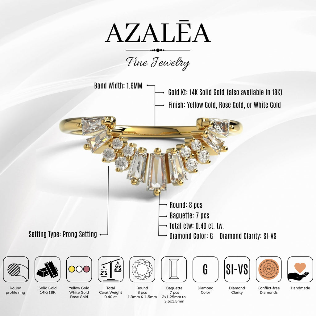 Curved Baguette Diamond Ring / 14k Gold Baguette Round Diamond Crown Wedding Band / Chevron Stacking Ring / Anniversary Birthday Gift