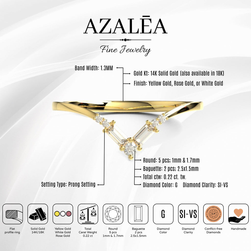 14k Gold Baguette Round Diamond Chevron Ring / Curved Diamond Wedding Band / V Ring / Anniversary Ring / Contour Wedding Band