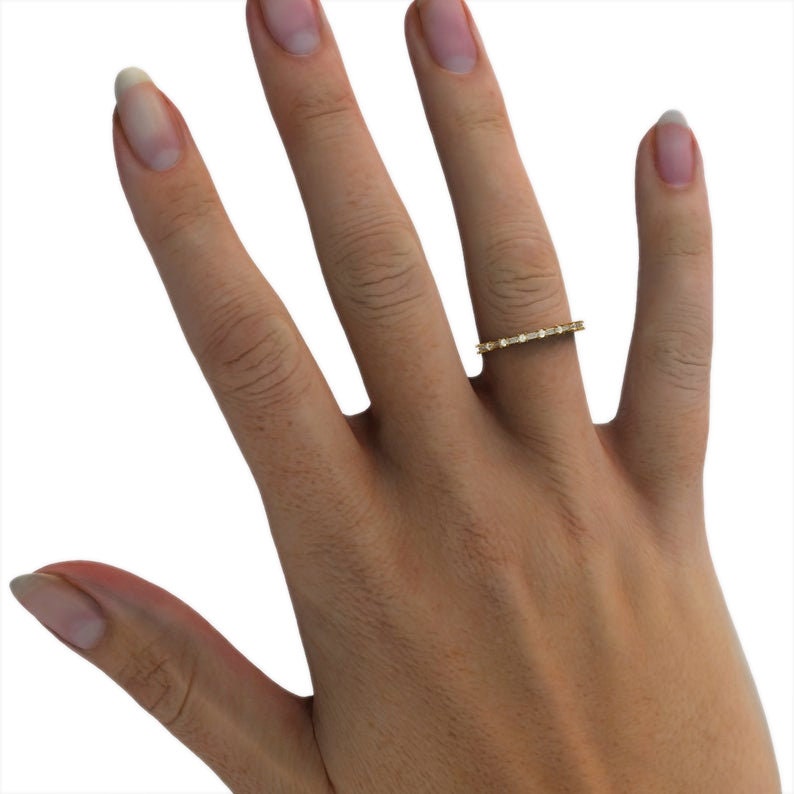 Baguette Diamond Wedding Band / 14k Gold Baguette Diamond Half Eternity Band / Baguette and Round Diamond Stacking Ring / Anniversary Gift