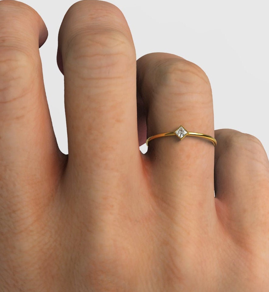 Diamond Stacking Ring / 14k Gold Princess Cut Diamond Bezel set Ring / Diamond Stacking Ring / Anniversary Birthday Bridal Gift
