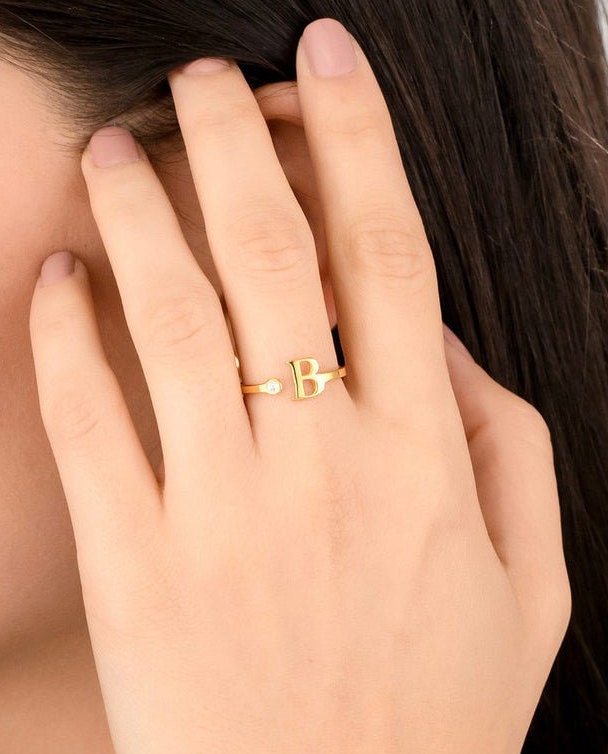 14k Gold Diamond Initial Stack Ring / Initial Letter Diamond Ring / Personalized Custom Gift / Birthday Birthstone Ring / Adjustable Ring