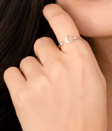 14k Gold Diamond Initial Stack Ring / Initial Letter Diamond Ring / Personalized Custom Gift / Birthday Birthstone Ring / Adjustable Ring