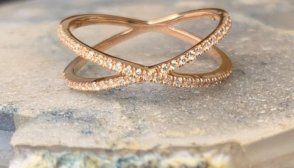 Diamond Wedding Band / 14k Gold Diamond Crisscross Ring / Diamond Crossover X Stacking Ring / Diamond X / Stacking Ring/ Anniversary Gift